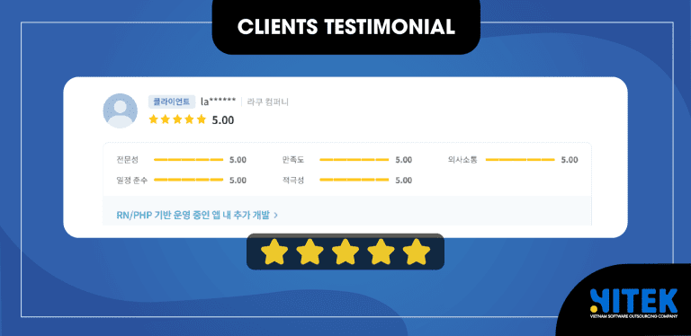 Hitek Software is honored to receive positive feedback from Raku Company after completing the supplementary development project for their React Native/PHP-based application. The customer’s feedback reinforces the trust placed in Hitek Software and motivates us to continually improve the quality of our services. Raku Company shared: "I had some doubts initially because the company is based in Vietnam, but after a video meeting with the CEO, I gained trust and signed the contract. There are two things I consider important when signing a development contract: the ability to handle unexpected variables and smooth communication. Once a development contract is signed, it is rare for everything to go perfectly until the development process is complete. Variables will certainly arise, and in these cases, what truly matters is how well the development company responds to these changes. This was the most satisfying part of signing the contract with them. The CEO responded quickly, and the PM handled the issues promptly. There were no communication difficulties, which is crucial, and no delays in the project timeline. This is a company you can trust. Thank you for the satisfactory outcome." – Translated from Raku Company’s review in English. We sincerely thank Raku Company for trusting and collaborating with Hitek Software. We are thrilled to see the satisfaction from our clients and are committed to maintaining high standards in every project.